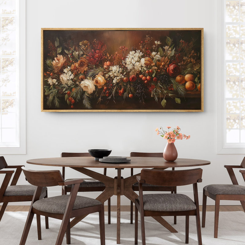 Large Framed Canvas Print Wall Art - Moody Floral Print for Dark Academic Holiday Decor, 30" H x 60" W, Natural