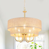 Roelke 5 - Light 2-tier Dimmable Bohemian Rattan Double Drum Rattan Chandelier With Hand Woven Hemp Rope Shade