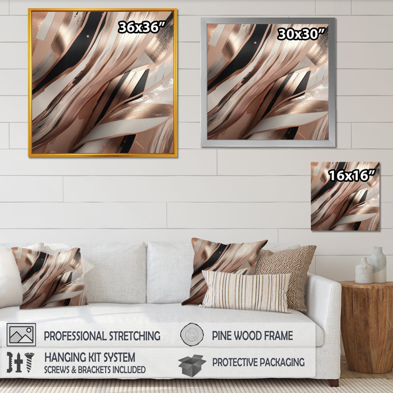 Rosegold embrassant l'essence des lignes I - impression d'art abstrait sur toile marbrée, H 16 po x l 16 po x P 1 po