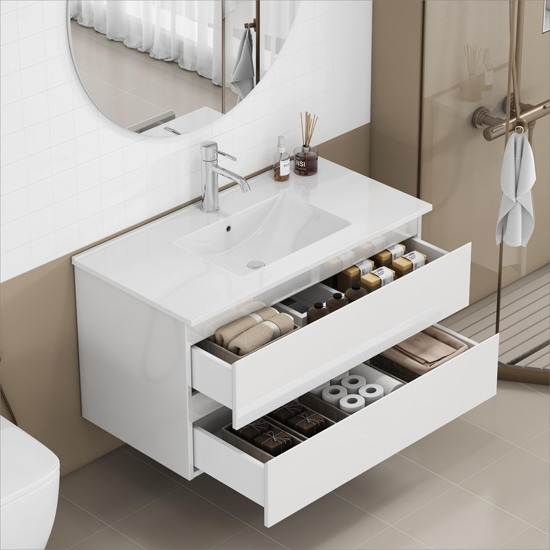 Meuble-lavabo avec lavabo et 2 grands tiroirs, système de fermeture en douceur
