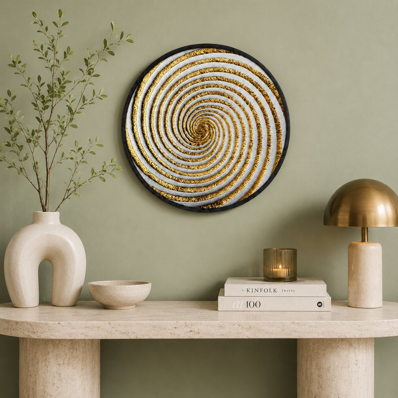  Panneau décoratif rond en spirale abstraite, cadre doré blanc avec couvercle en acrylique, 11.9" H x 11.9" W