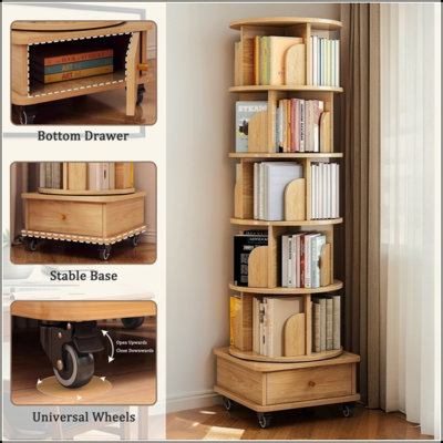 6 Tier 360° Rotating Bookshelf, Round Spinning Storage Book Tower with Wheels & Drawer, Space Saving Organizer for Bedroom Living Room Office