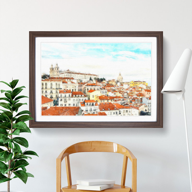Alfalma Lisbon Portugal Skyline - Picture Frame Painting, 45cm H x 63cm W x 2cm D, Walnut