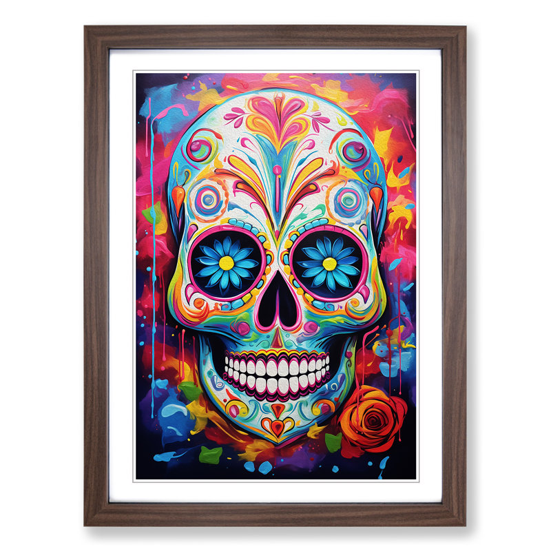 Sugar Skull Abstract - Single Picture Frame Print on Wood, 34cm H x 25cm W x 2cm D, Walnut