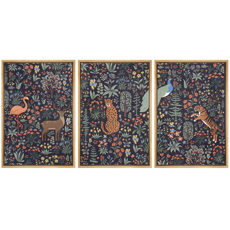 «Whimsical Woodland Animals and Botanical Pattern Illustration», reproduction d'art sur toile encadrée, H 36 po x l 72 po