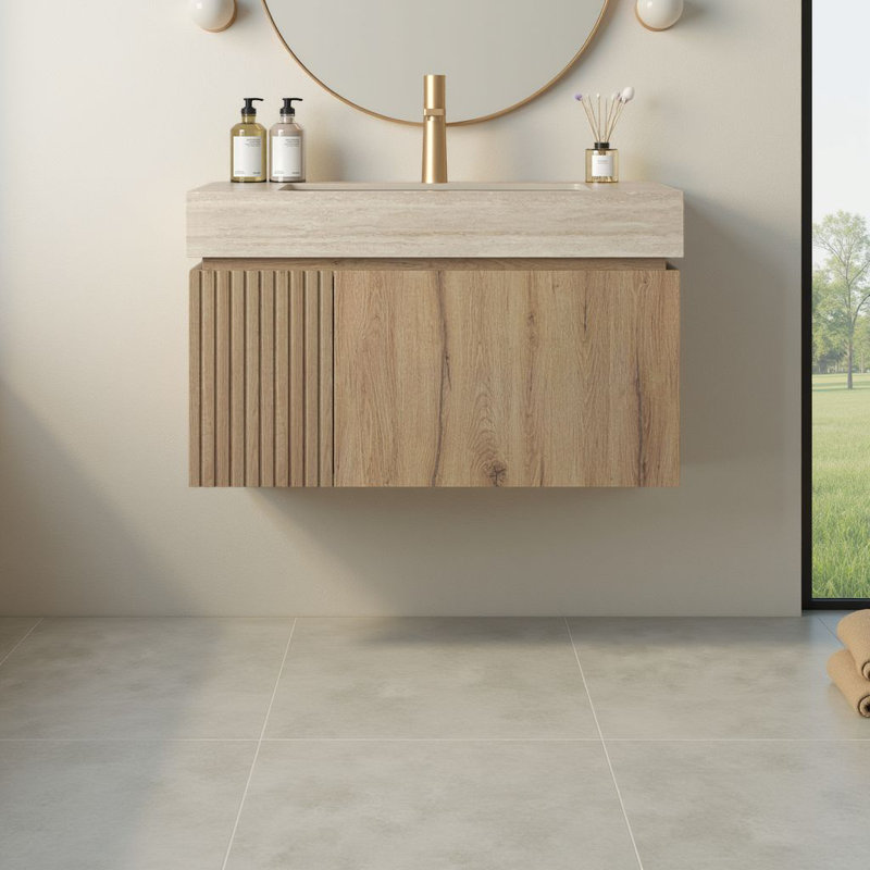 30" Wall-Mounted Vanity With Sintered Stone Top & Ceramic Sink, Storage Cabinet With 1 Drawer & Soft-Close Door, Beige, 30"
