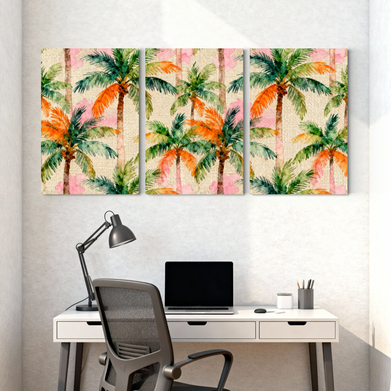 Palmiers, palmiers tropicaux avec des teintes roses et oranges, ensemble de 3 impressions sur toile, H 30 po x l 60 po