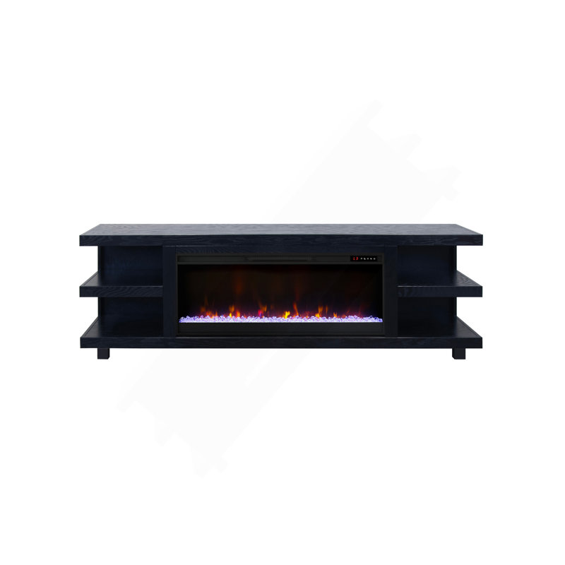 Aspen Solid Wood TV Stand with Electric Fireplace for TVs No Assembly Required, Black, 25" H x 82" W x 17" D