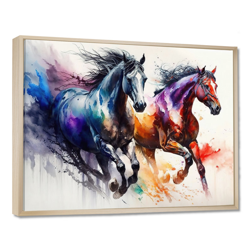 Chevaux qui courent II - cheval, art mural, H 24 po x l 32 po x P 1 po, Cadre flottant érable