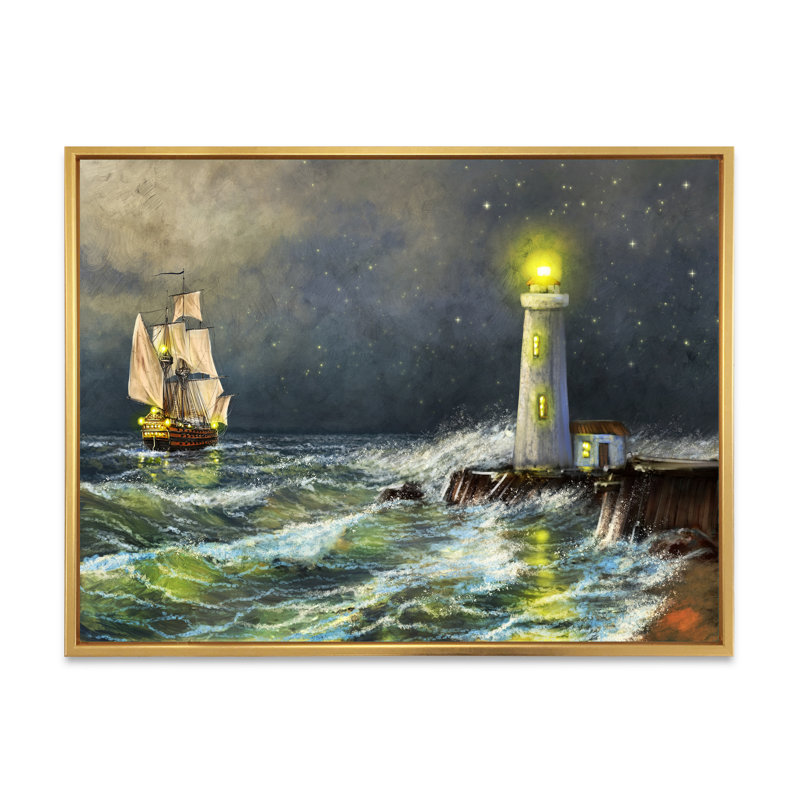 Phare sur la plage - art nautique et côtier sur toile, H 8 po x l 12 po x P 1 po, Cadre flottant doré