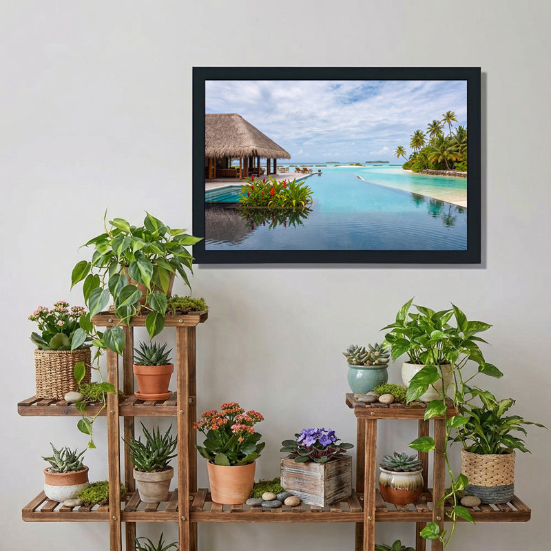 Toile de chaume, cabane sur une piscine à débordement et palmiers, art mural sur toile, 20"H x 30"W