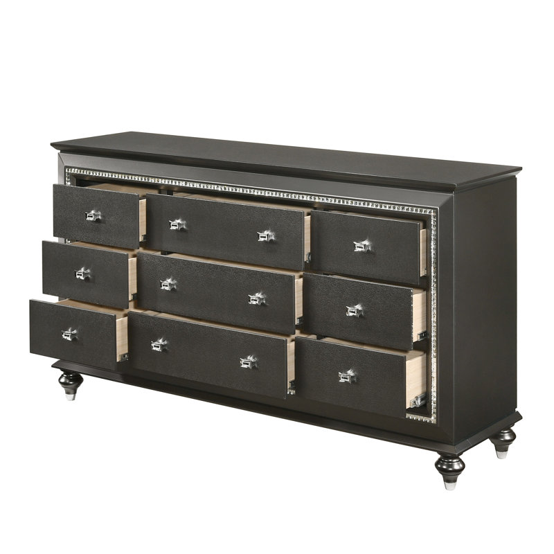 Commode 9 tiroirs Narron, Gris métallisé