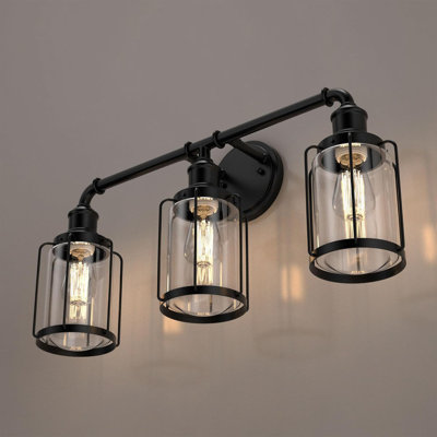 3 Light Bathroom Vanity Light Fixtures Over Mirror, Matte Black Wall Sconces With Cage, Clear Glass Shade, Wall Lights For Mirror, Living Room, Cabinets, Bulb Not Included