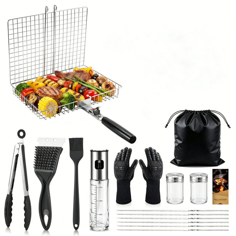 Foldable Grill Basket 16 Piece Full BBQ Tool Set | 304 Stainless Steel Outdoor Camping Grill Kit