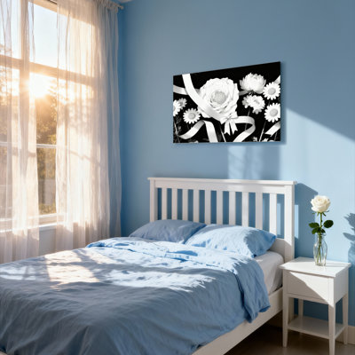 Ensemble de 1 tableau sur toile tendue représentant une rose et une marguerite noires et blanches avec un ruban