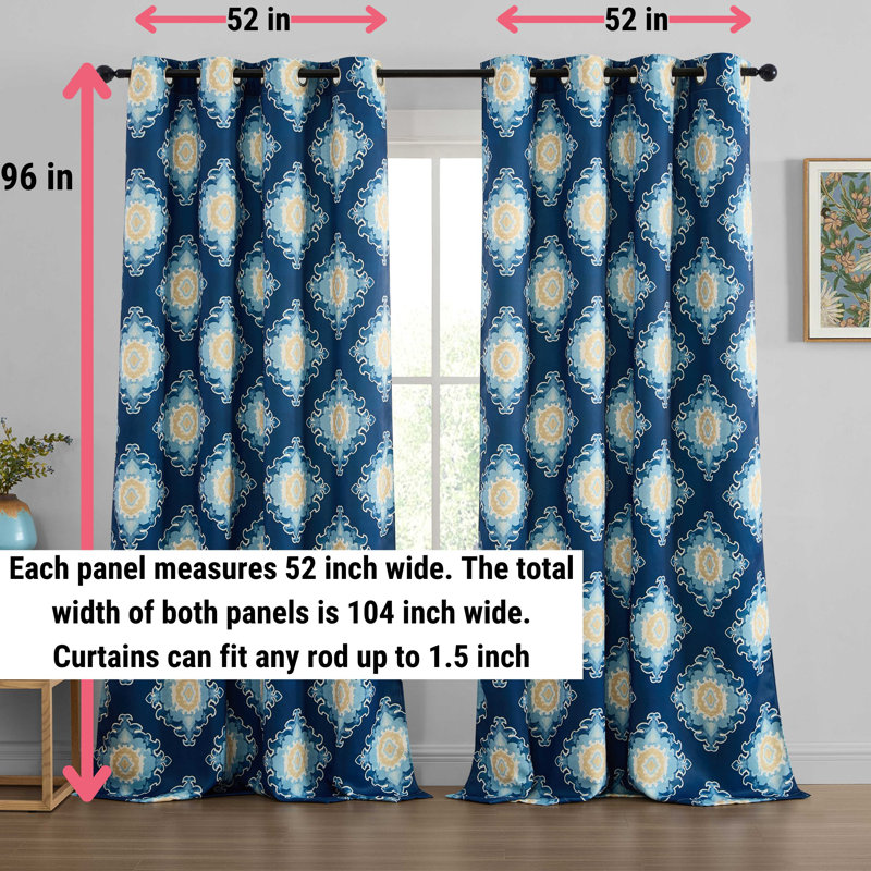 Liam Ogee Ikatt Damask Patterned Window Grommet Curtains Bedroom - Light Blocking Darkening Window Panels, Set of 2 , Blue