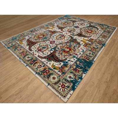 10'x14' Papyrus White, Colorful Polonaise Broken Design, Wool and Sari Silk, Hand Knotted, Oriental Rug