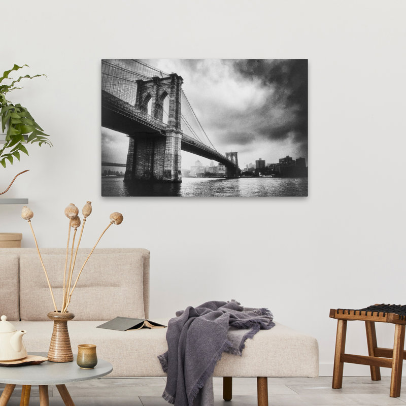 Manhattan, ciel blanc, pont, paysage urbain, photographie, art contemporain, H 36 po x l 24 po