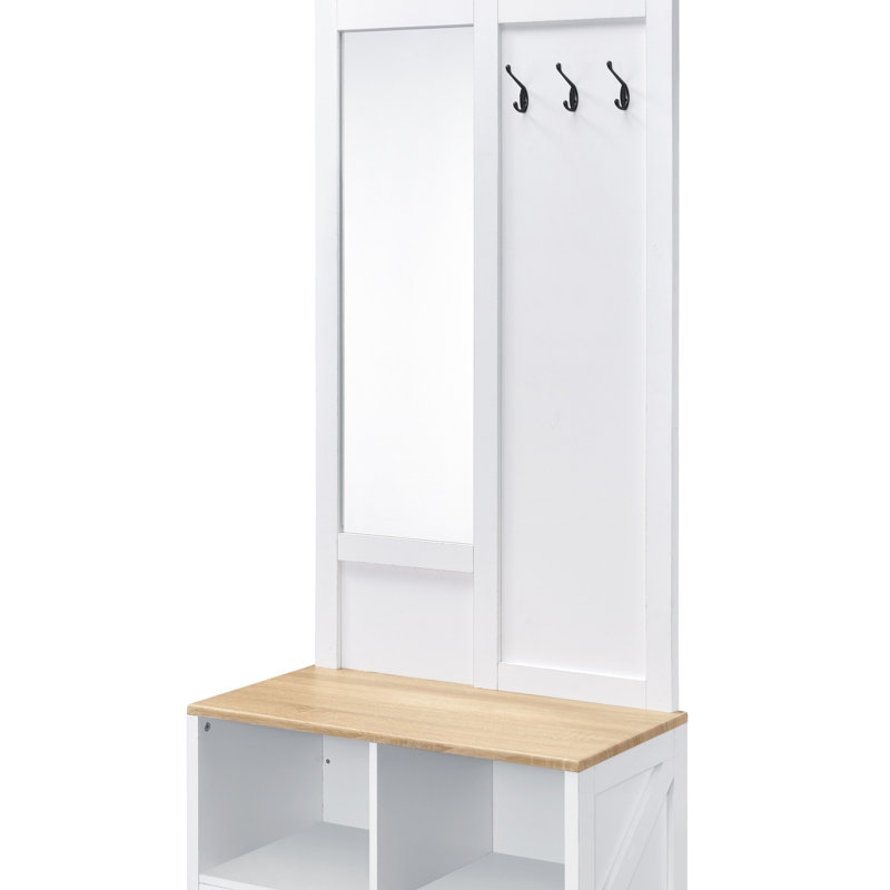 Arbre d'entrée en chêne clair et blanc Melati avec rangement, miroir et banc pour une organisation efficace