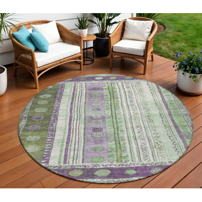 Tapis intérieur lavable rayé rond 8 pi mauve et vert