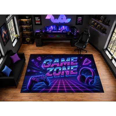 Tapis de jeu ultra-léger de 2 m x 3 m (6 pi 7 po x 9 pi 10 po) pour salle de jeux, idéal pour décorer une manette ou un casque. Tapis d'intérieur doux à poils courts avec envers antidérapant en silicone, de couleur noir, violet et bleu.
