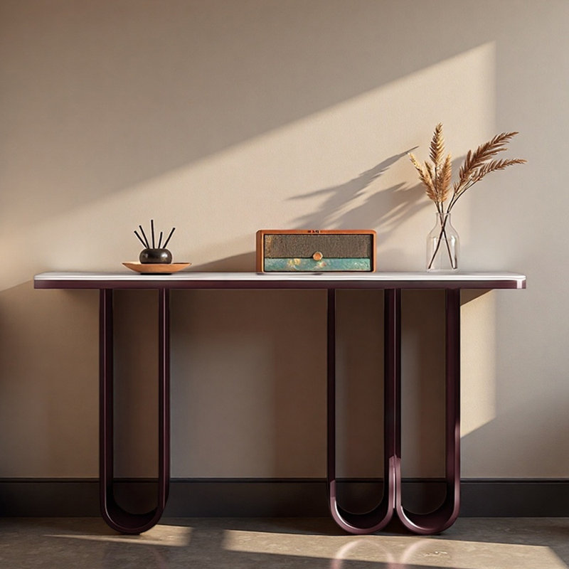 Console de hall d'entrée en acier inoxydable Minimalist Modern, Or rose, Blanc, crème, H 33,5 po x l 63 po x P 13,8 po