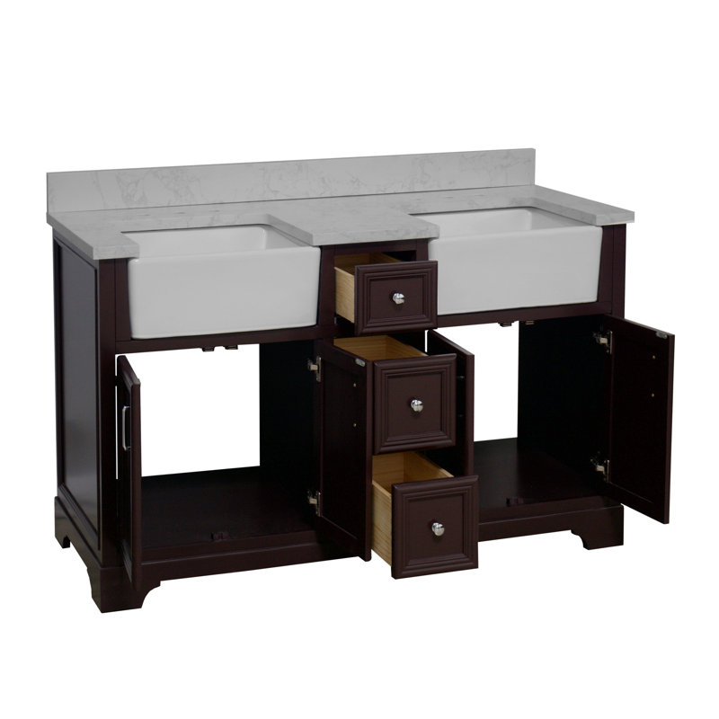 Ensemble de meuble-lavabo double 60 po Emiliano, Chocolat, Carrare d'ingénierie