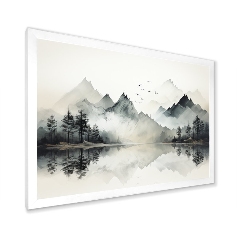 Aquarelle, rêve de lac et de forêt I, Cadre simple blanc, H 12 po x l 20 po x P 1 po