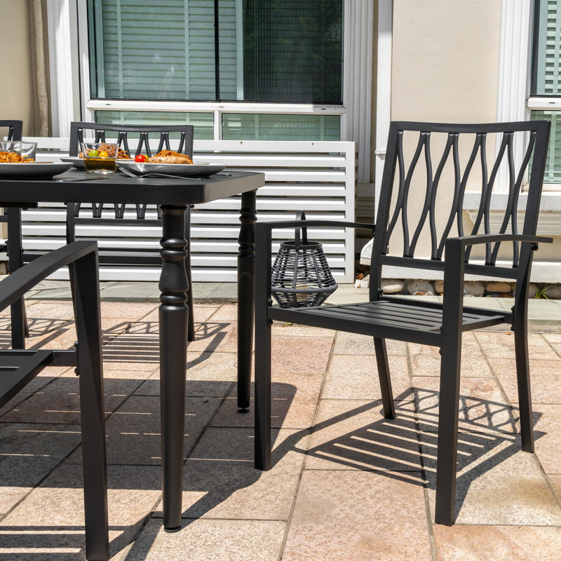Patio Metal Dining Set With 6 Stackable Chairs And Umbrella Hole, Black
