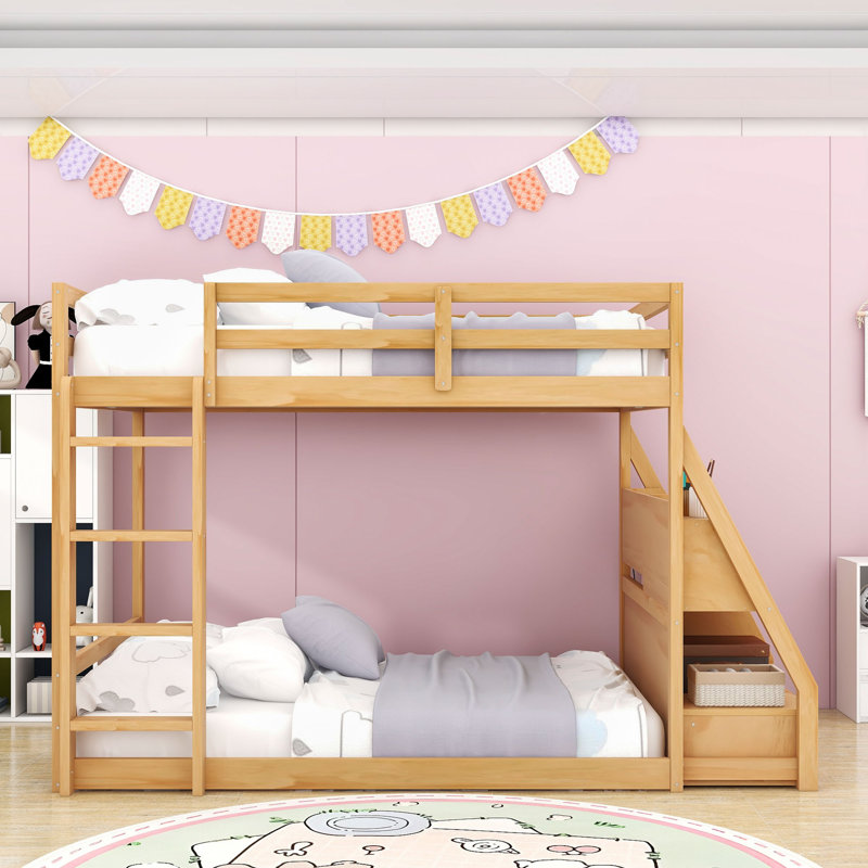 Full over Full Bunk Bed with LED Light Strip and USB Charging,Drawers, Natural