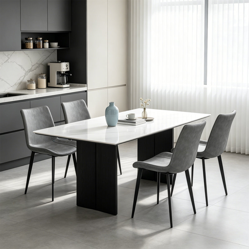 Chaises de salle à manger avec siège en similicuir et base en métal noir, ensemble de 4 chaises rembourrées, Gris foncé