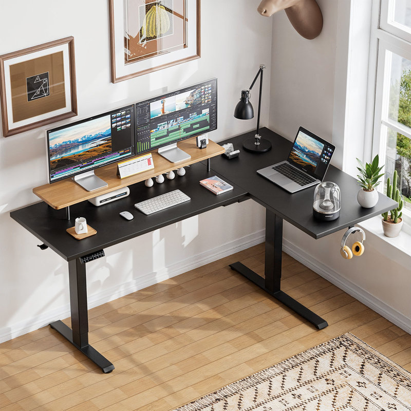 71" L-Shaped Height Adjustable Electric Standing Desk With 3 Memory Presets, Black/Black, 71" W x 47" D