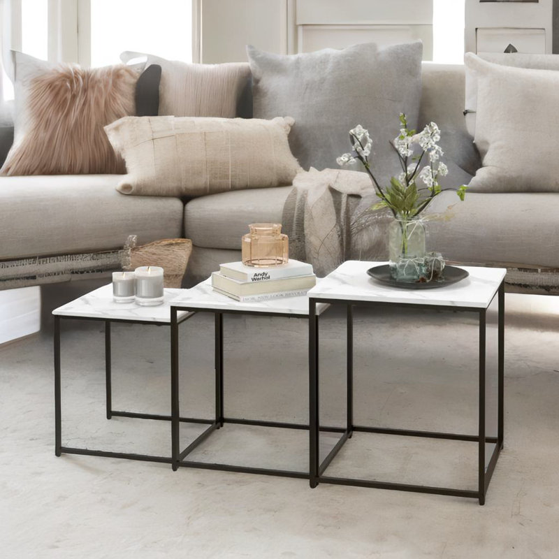 Anashe 3PC Square Nesting Tables Marble Effect