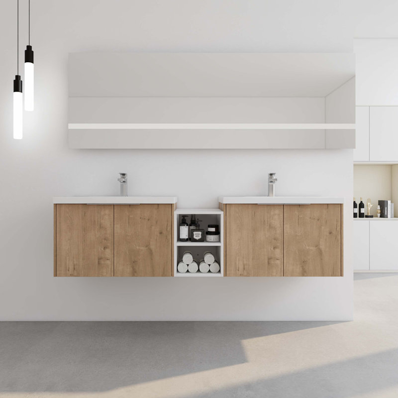 Meuble-lavabo double 71,10 po avec plateau en bois manufacturé Edna, Naturel