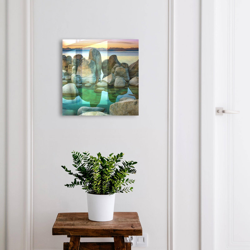Key cabinet for home, Opens to the right, 30x30x5, White, Rocky landscape over the water, sunset, 