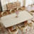 78.7" Stone Kitchen Dining Table for 8 with Solid Wood Legs, Travertine Slab Top, Semi-Circular Stripe Base