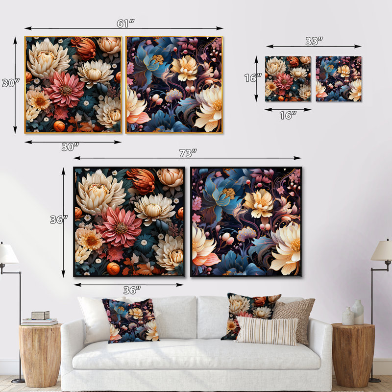 Gorecki - Ensemble de 2 collages floraux carrés, H 36 po x l 73 po, Toile tendue
