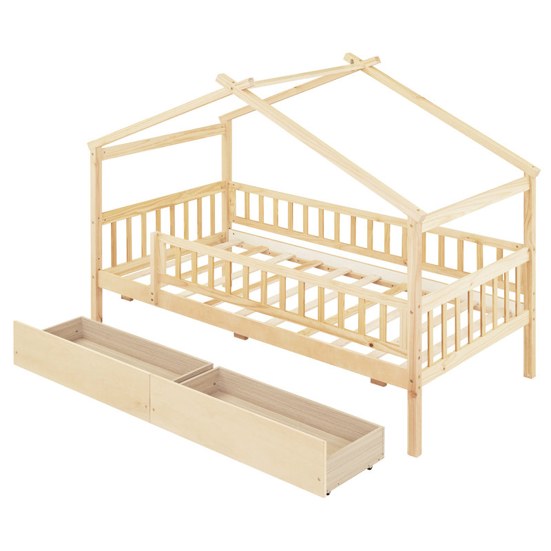 Lit simple en bois pour lit simple - Deux tiroirs peu encombrants, bois de pin massif, naturel, têtes de lit incluses avec option de rangement aspect naturel, tiroirs,