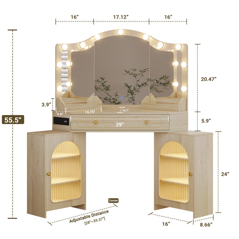 Grand meuble-lavabo avec miroir à DEL et prise de courant, table de maquillage d'angle avec tiroirs, 2 tablettes et 2 armoires de rangement
