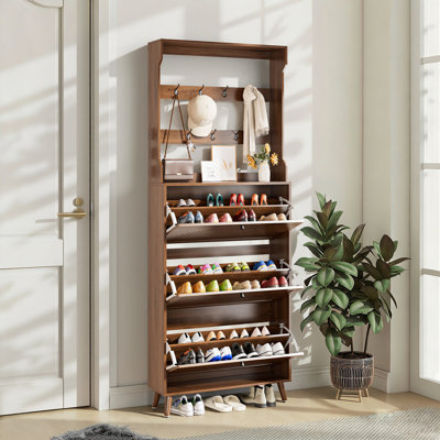 Narrow Shoe Cabinet With 2 Flip Drawers, Fluted Shoe Storage Cabinet With Coat Rack, 2-in-1 Hall Tree Slim Shoe Rack Organizer For Entryway
