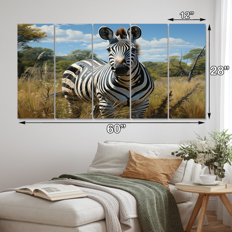Zèbre, réaliste, portrait animalier, animaux, salon, 5 panneaux égaux