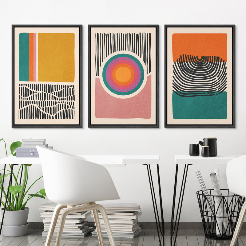 «Mid-Century Multicolor Color Block Shape Abstract Geometric», ensemble de 3 impressions sur toile flottante encadrées