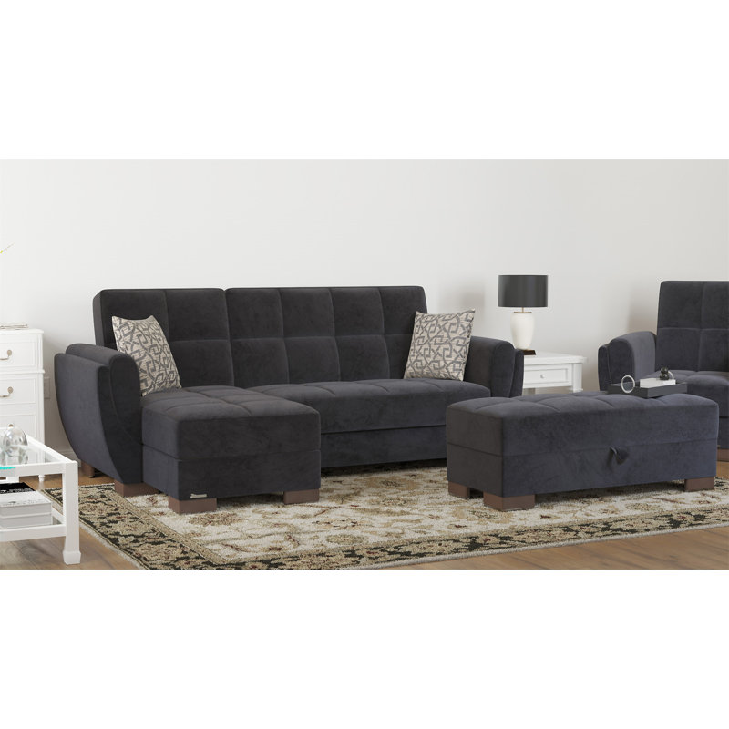 Repose-pieds rembourré avec rangement Primenest Skyhaven, Microfibre noire / microsuède