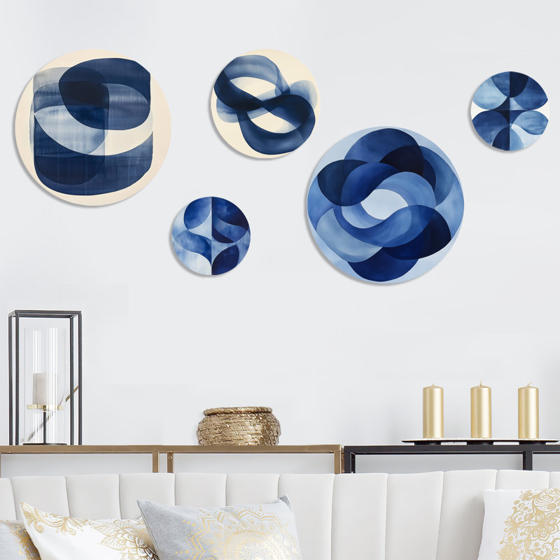 «Blue Minimal Curves» - ensemble de 5 formes d'art abstrait - ensemble de 5 décorations murales modernes en métal