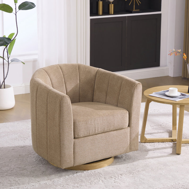 Fauteuil demi-tonneau pivotant rembourré en chenille avec base en bois massif, Taupe