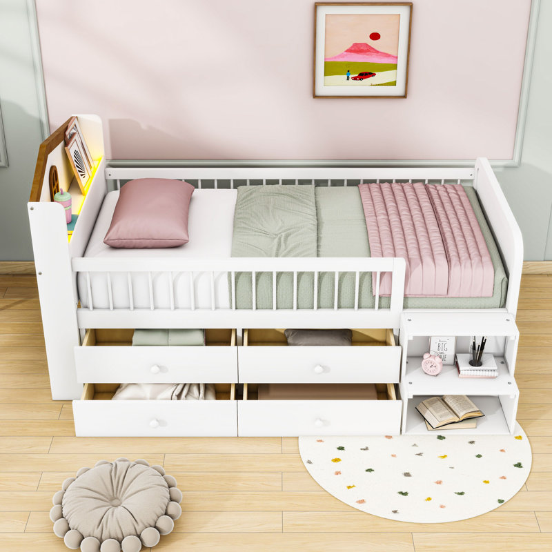 Twin Wooden Four Drawers Bed with LED Lights, White