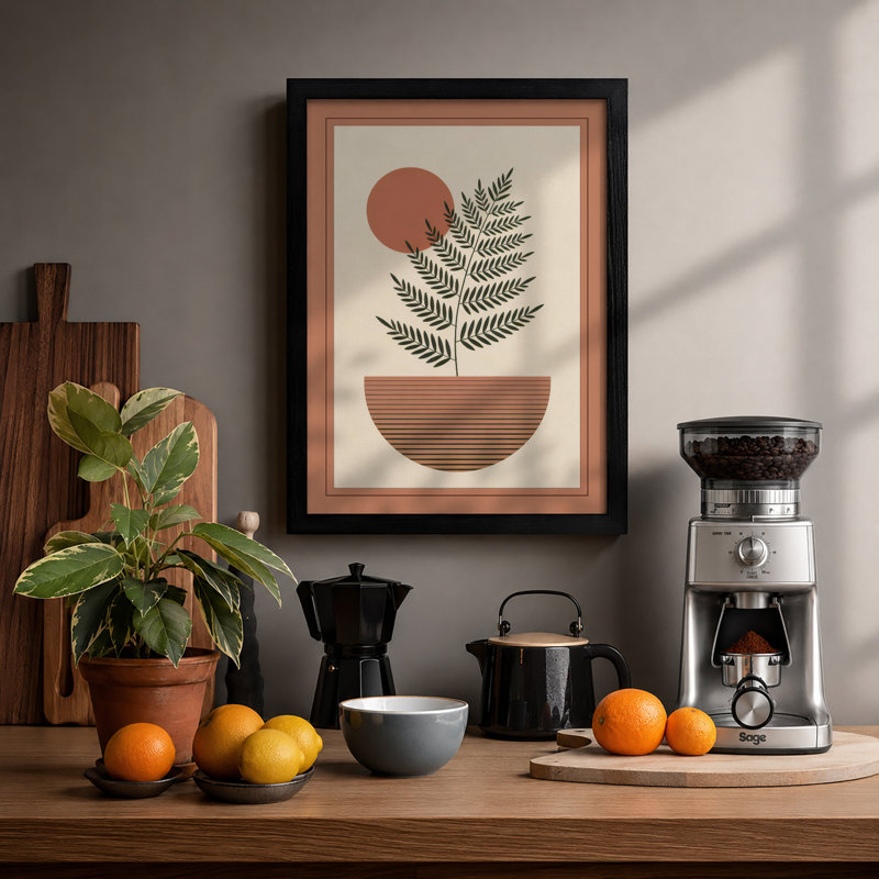 Fern and Rising Sun Botanical - Framed Print, A4 - 29.7 x 21.0 cm, Black