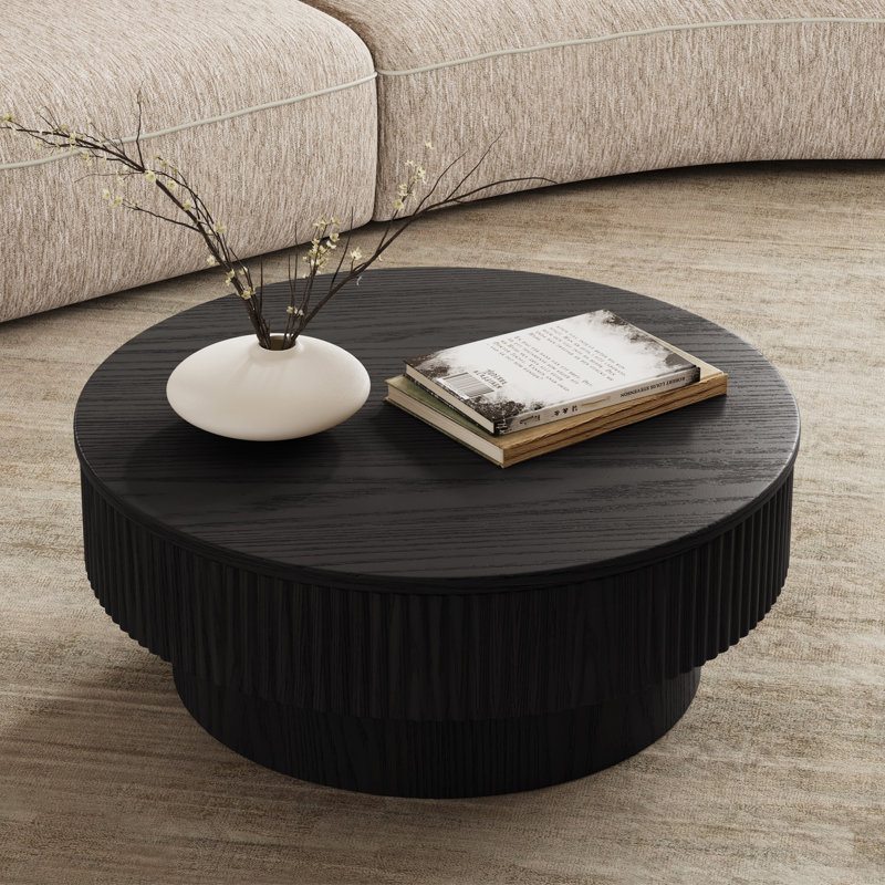 Round Drum Coffee Table with Storage, Black, 14" H x 31.5" W x 31.5" D