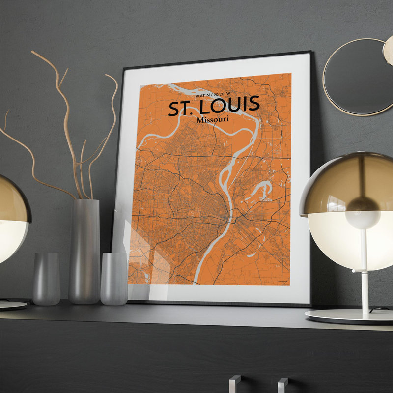 St. Louis City Map, impression, H 24 po x l 18 po, Orange et gris