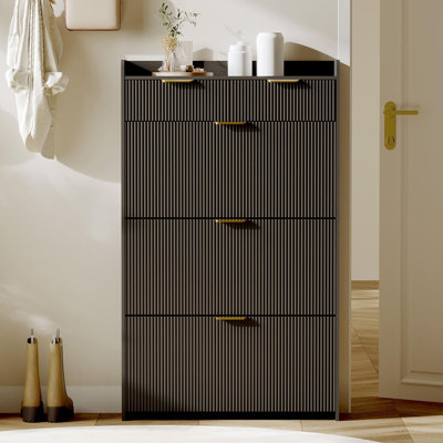 Armoire à chaussures cannelée moderne avec 3 tiroirs rabattables, rangement pour chaussures mince avec 2 tiroirs